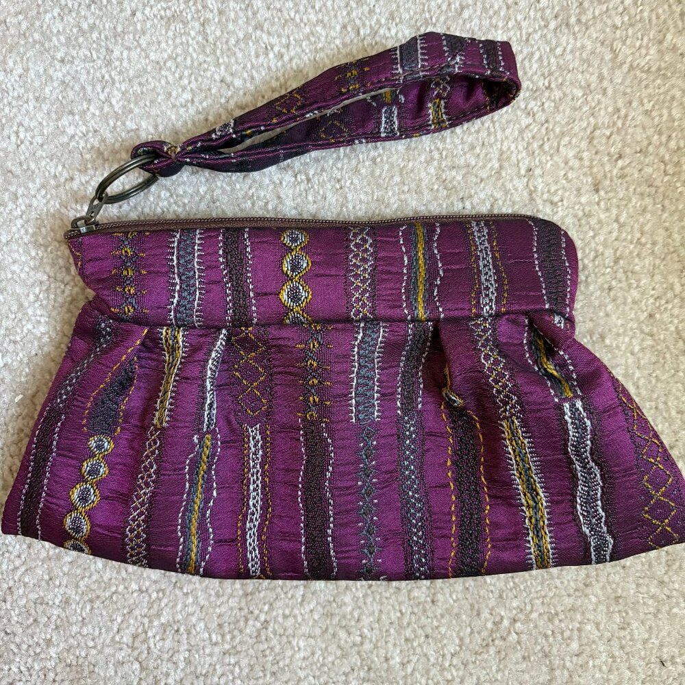 Maruca purple fabric wristlet handmade in Boulder, Colorado, 10.5 x 5.5"